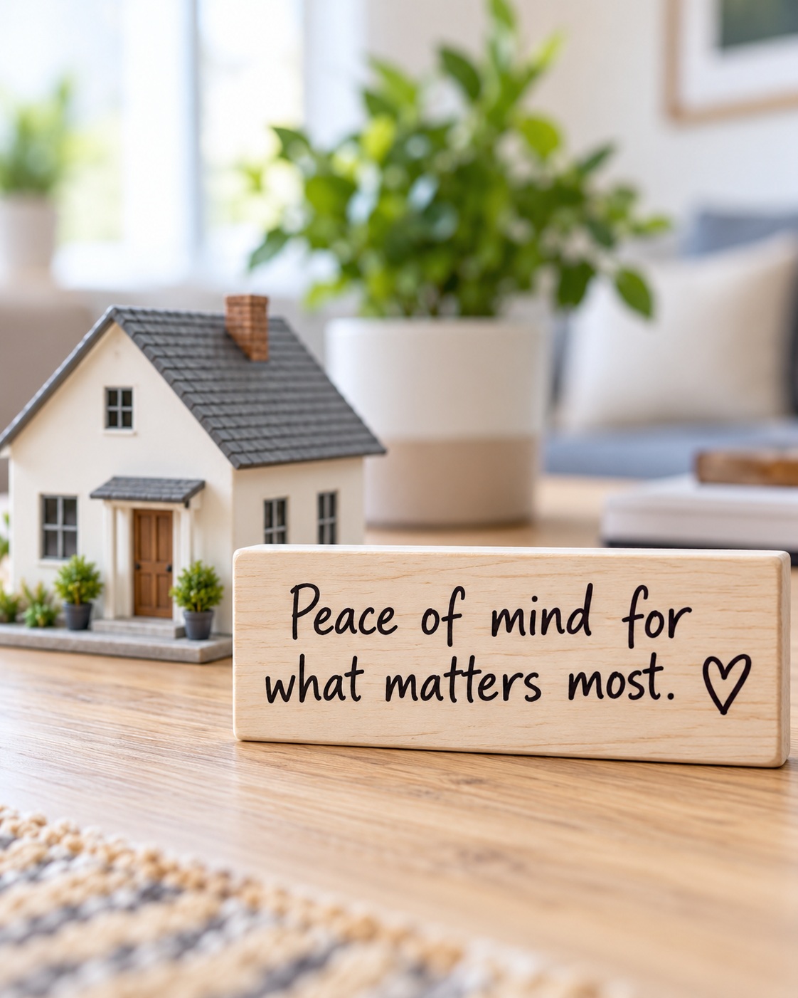 A model home with a sign that reads: Peace of mind for what matters most.